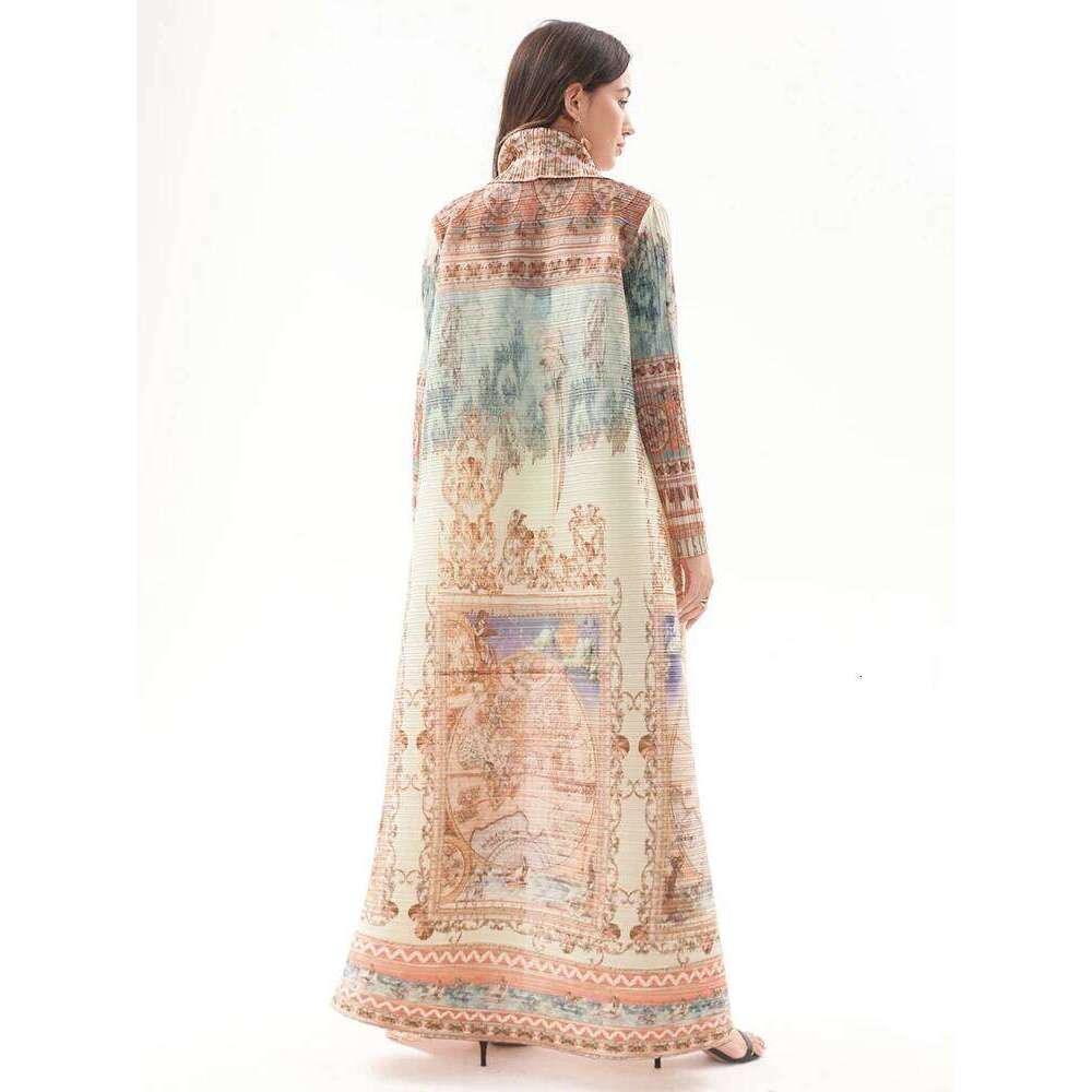 Miyake Pleated Turndown Collar Vintage Printed Long Sleeve Dress Women 2024 New Original Designer Abaya Fashion Classical Coats