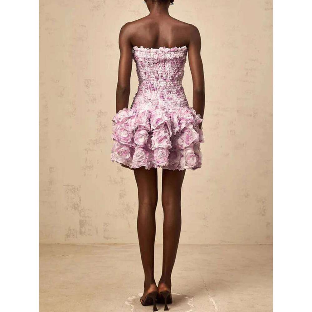 TWOTWINSTYLE Colorblock Fashion Temperament Dresses For Women Strapless Sleeveless Patchwork 3D Flowers Dress Female Clothing