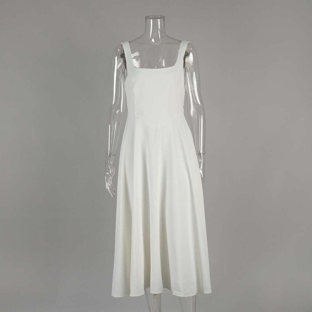 French Style Square Neck Slim Long Summer Simple Fashion Casual Sleeveless Strap Dress For Women B5