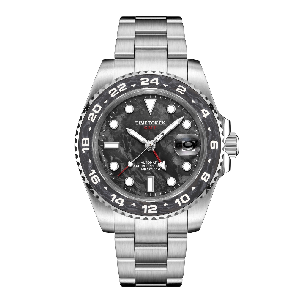 Luxury Mens TIME TOKEN 2025 Carbon Fiber Dive Watch - 40MM Case with Auto-Mechanism & Waterproof up to 100M