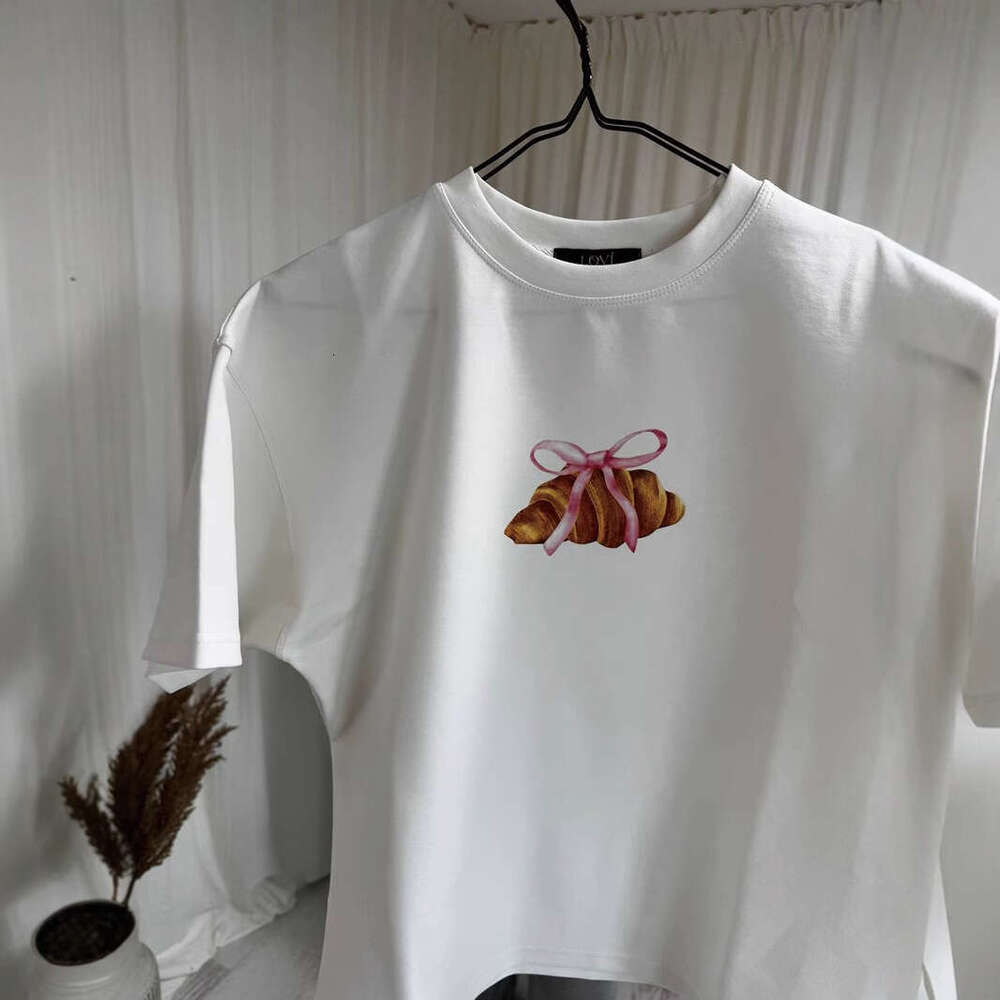 Simple Bowknot Print T-Shirt For Women Summer Versatile Loose Round Neck Pure Cotton Short Sleeve B5