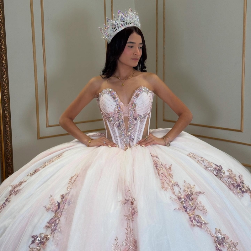 Light Pink Shiny Quinceanera Dresses Ball Gown Off The Shoulder Applique Lace Beads Tull Corset White Lining Party Birthday Sweet 16 Dress Vestidos De