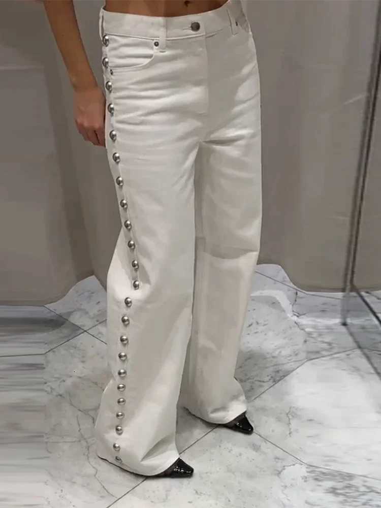 Chic Bead Blue Jean Women Street Baggy Wide Leg Straight Pocket Zipper Denim Long Pants Female 2025 Autumn Commute Lady Trouser R250716