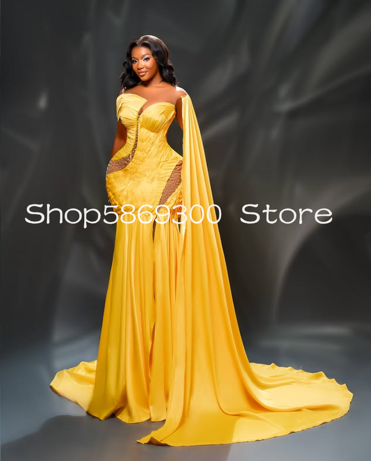 Yellow Gold Mermaid Long Prom Formal Dresses Sheer Mesh African Aso Ebi Ruched Ribbon Evening Occasion Gala Gown Csutomsized