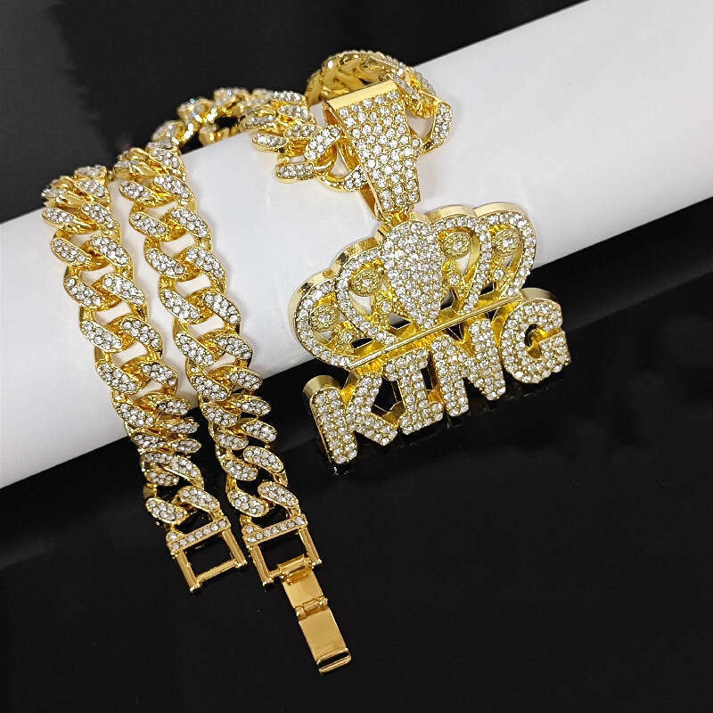 New Full Dia Crown King Letter Hip Hop Trendy Fashion Versatile Pendant Necklace