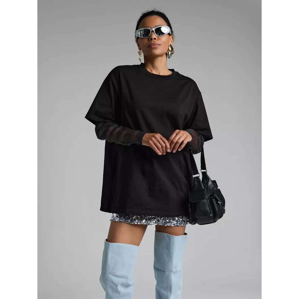 Summer New Style Shiny Mesh Patchwork Long Sleeve T-Shirt For Women Loose Sun Protection Top B5