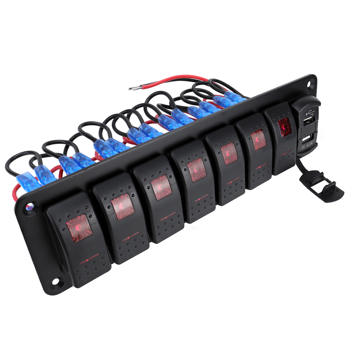 Aluminum panel with joystick switch, equipped with voltmeter and dual USB (4.2A) fast charging, red backlit LED, suitable for boats, cars, trucks, (re