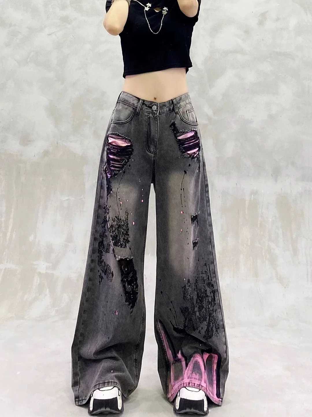 Womens Black Gothic Jeans Baggy Y2K Japanese Harajuku High Street 2000S Style Aesthetic 90s Vintage Jeans Pants Clothing 2025 R250716