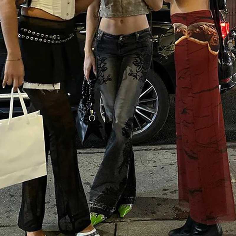 CIBBAR Streetwear Y2K Flare Jeans Distressed 2000s Floral Print Low Rise Slim Denim Pants Korean Women Trousers Retro Mom Jeans R250716
