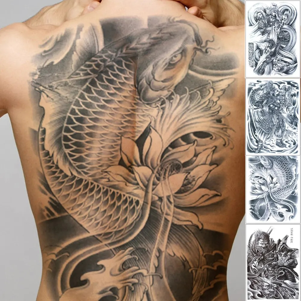 Full Back Large Tattoo Sticker Waterproof Temporary Tattoos Carp Lotus Dragon Buddha Tatoo Body Art Painting For Men Women 250714