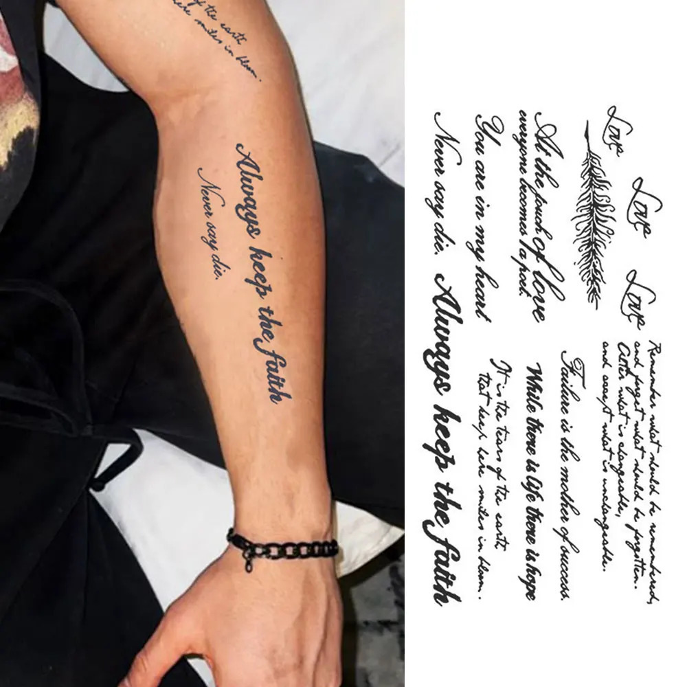 Juice Ink Lasting English Word Waterproof Temporary Tattoo Sticker Black Letter Feather Fonts Body Art Men Women Arm 250714