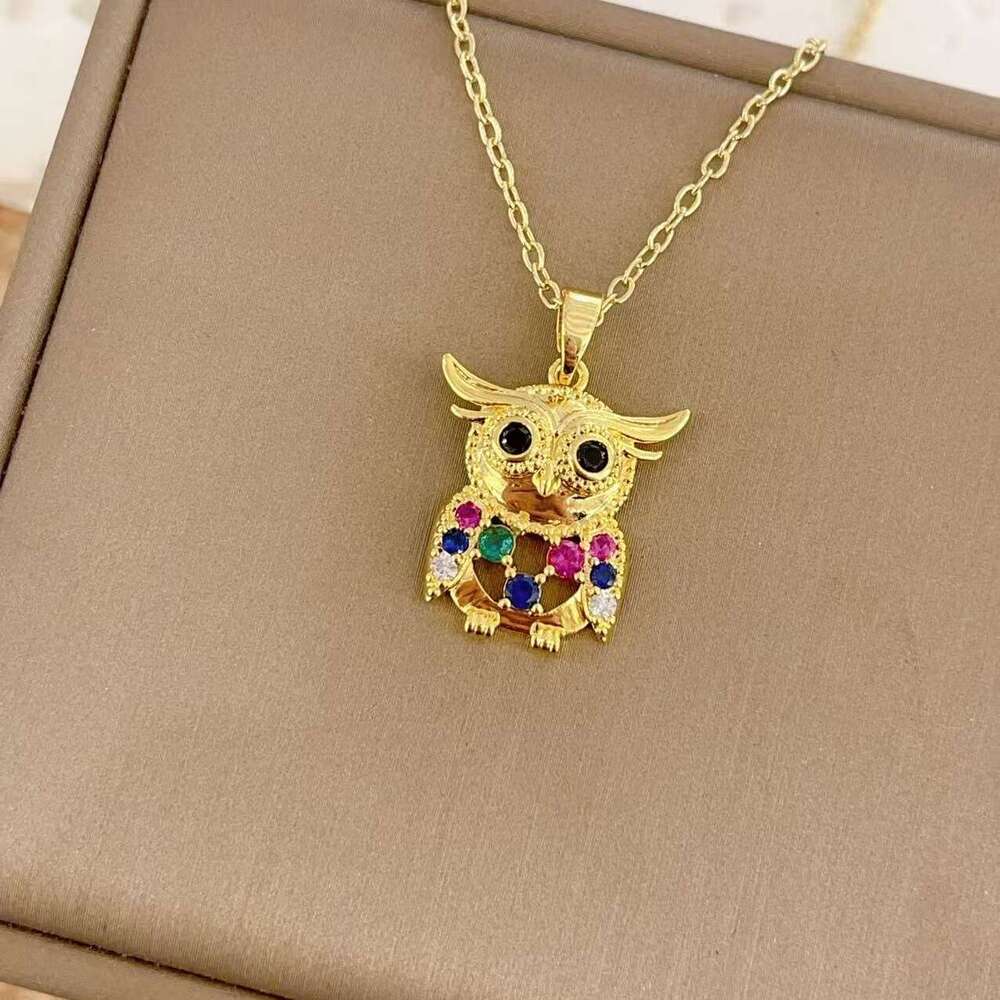 Colorful Zircon Owl Light Necklace For Women Clavicle Chain Jewelry Titanium Steel Accessories 1E1