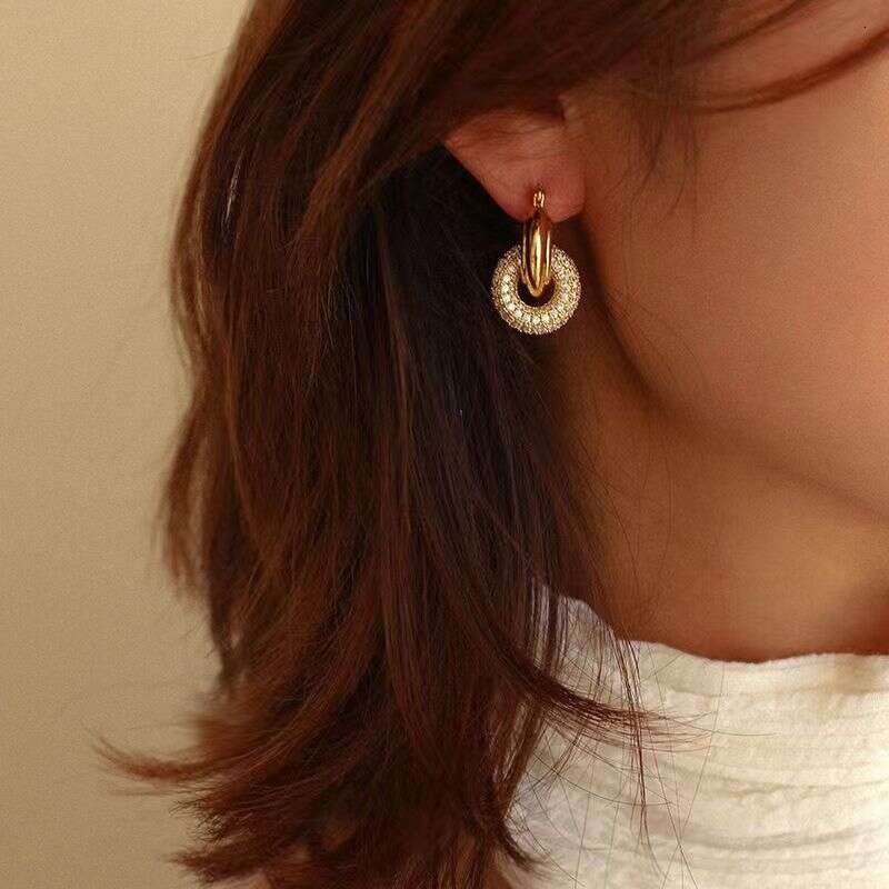 Metal Lock Buckle Copper Micro Inlaid Gold Plated Light High-end Zircon Earrings