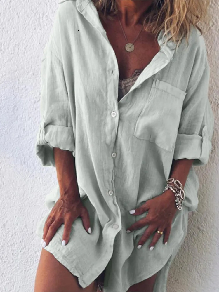 Summer Womens Clothing Fashion Cotton Linen Pocket Beach Fashion Button Up Shirt Long Sleeved Casual Comfortable 250715