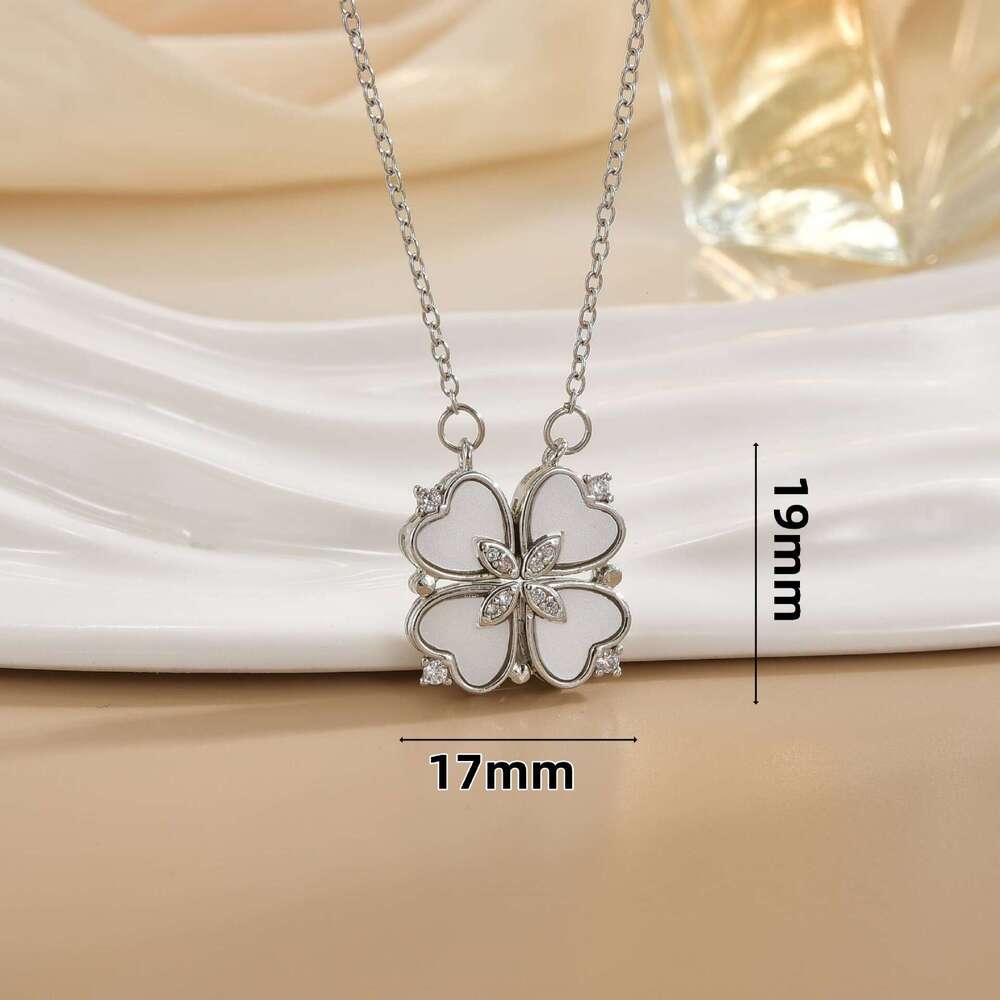 For Women New Style Two-Way Wear Heart-To-Heart Open And Close Four-Leaf Flower Necklace Fashionable Heart Folding Collarbone Chain 805