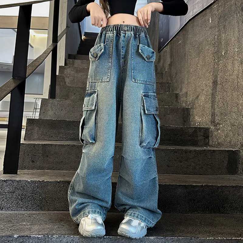 Kids Vintage Distressed Jeans with Pocket For Girls Y2K Fashion High Street Denim Pants Teens Child Baggy Cargo Jeans Trousers R250716