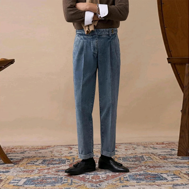 Mens Naples Slim-fit High Waist Dress Denim Pants Fashion Solid Color British Retro Premium Elegant Leisure Trousers 250707