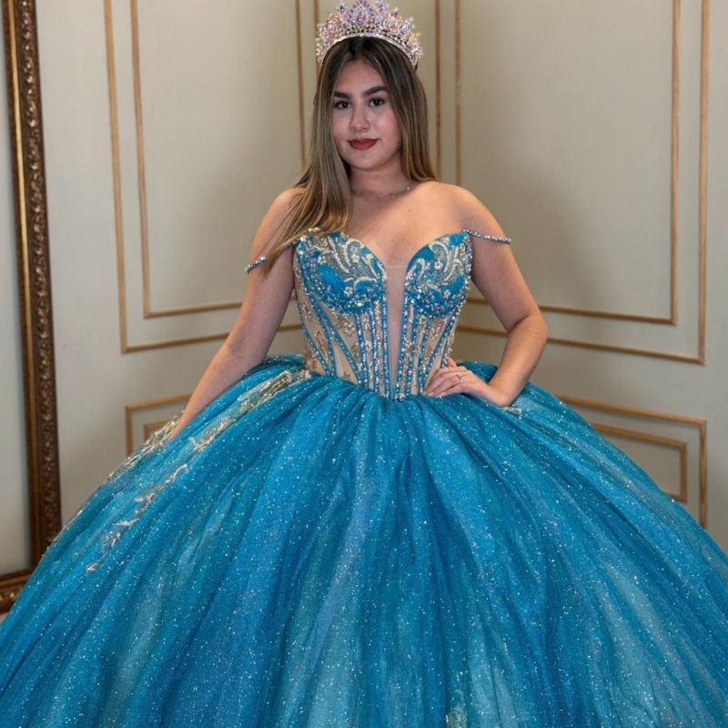 Blue Shiny Quinceanera Dresses Ball Gown Off The Shoulder Applique Lace Beads Tull Corset Party Birthday Sweet 16 Dress Vestidos De 15 Anos