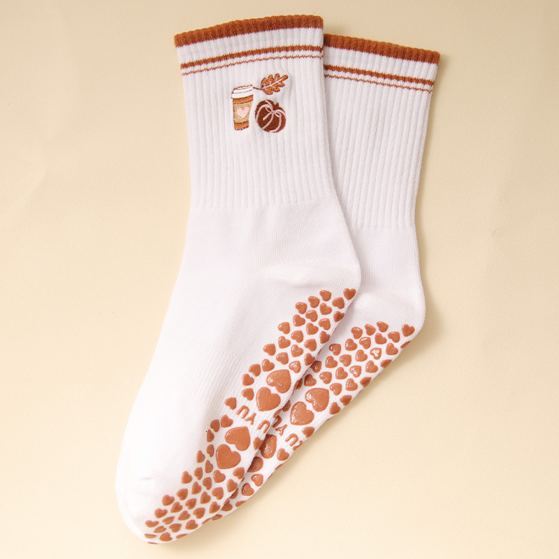 Pilates for Women, Mid-Calf Professional Sports Non-Slip Padded Socks, Coffee Striped Embroidered Long Yoga Socks