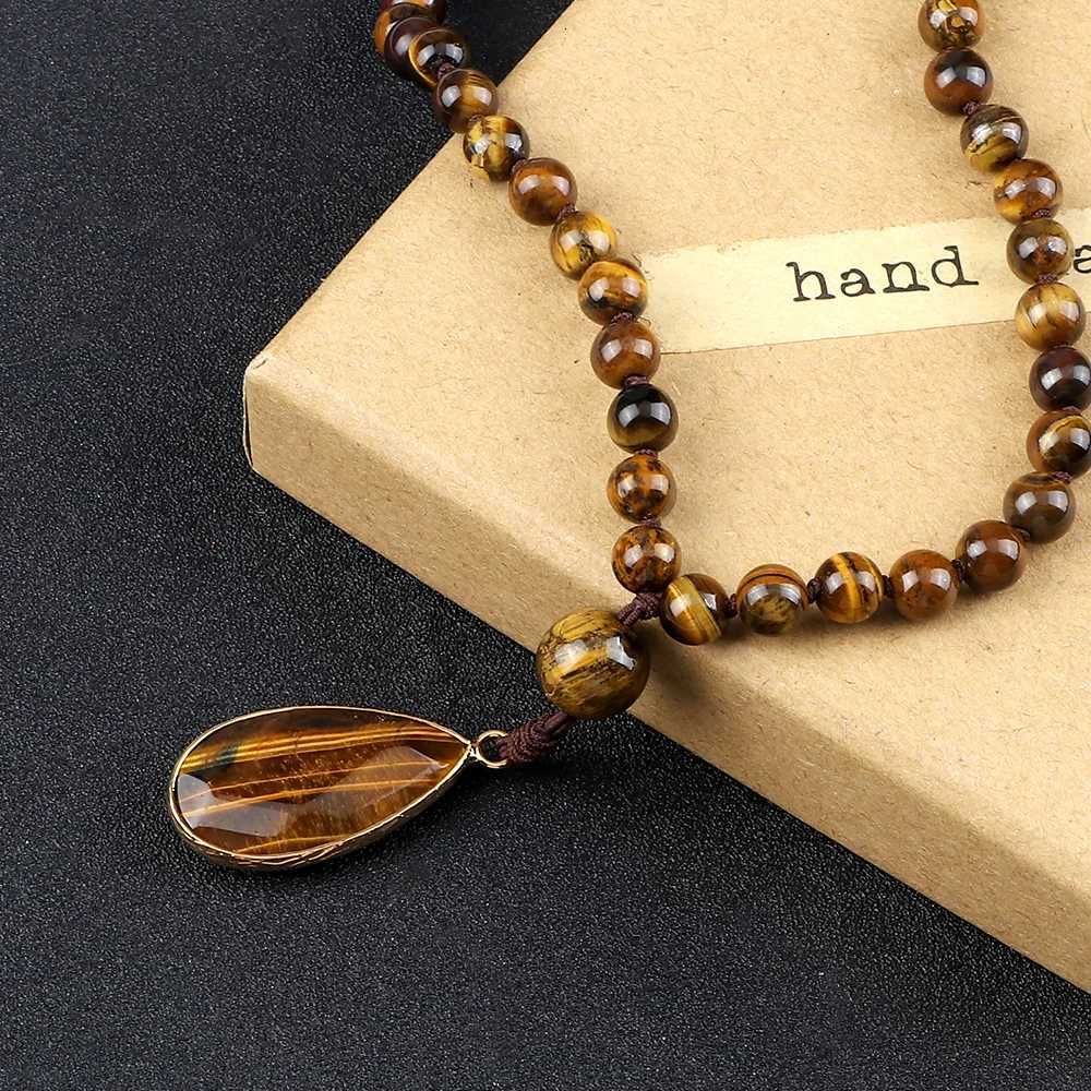 Vintage Design Tiger Eye Stone Necklace Handmade Knotted 6mm 108 Mala Beads Necklaces Drop Pendant Women Men Yoga Jewelry Gifts XJ250717