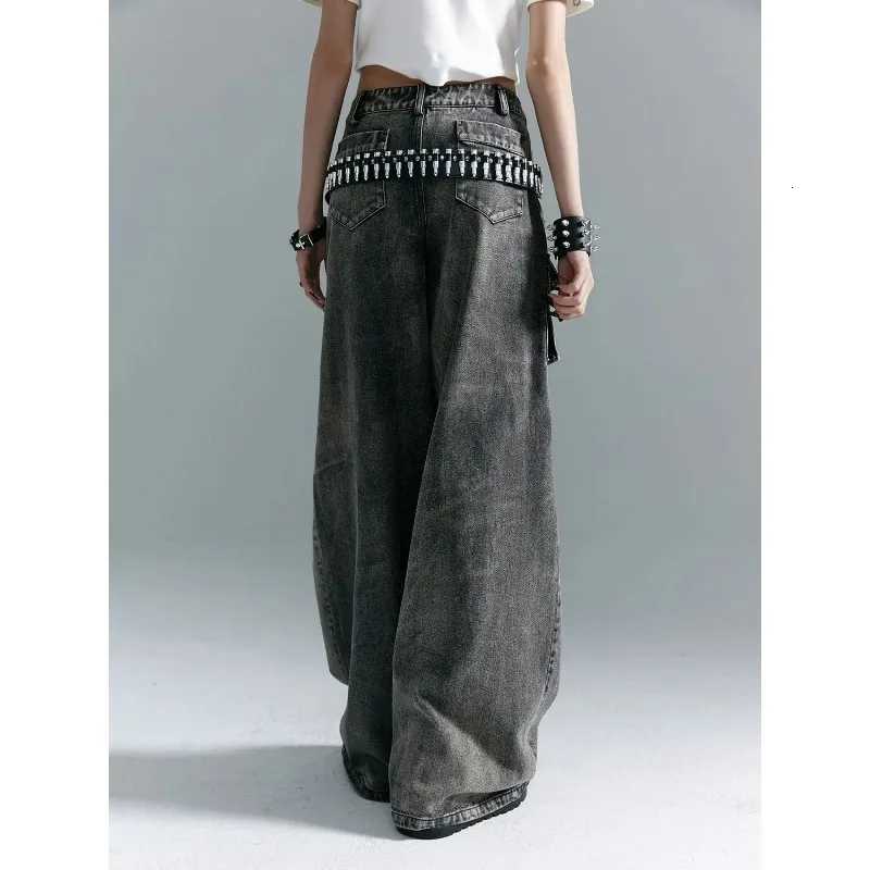 Summer High Street American Hottie Strap Pocket Ripped Cargo Baggy Jeans High Waist Punk Retro Wide Leg Pant Y2K Jeans Streetwear R250716