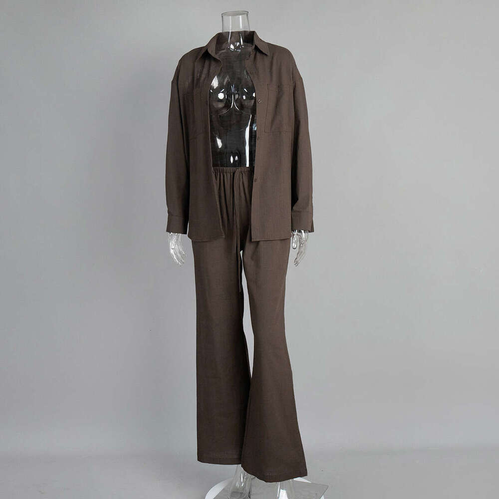 Pure Cotton Long Sleeve Shirt Wide Leg Summer Solid Color Flared Pants Casual Set B5