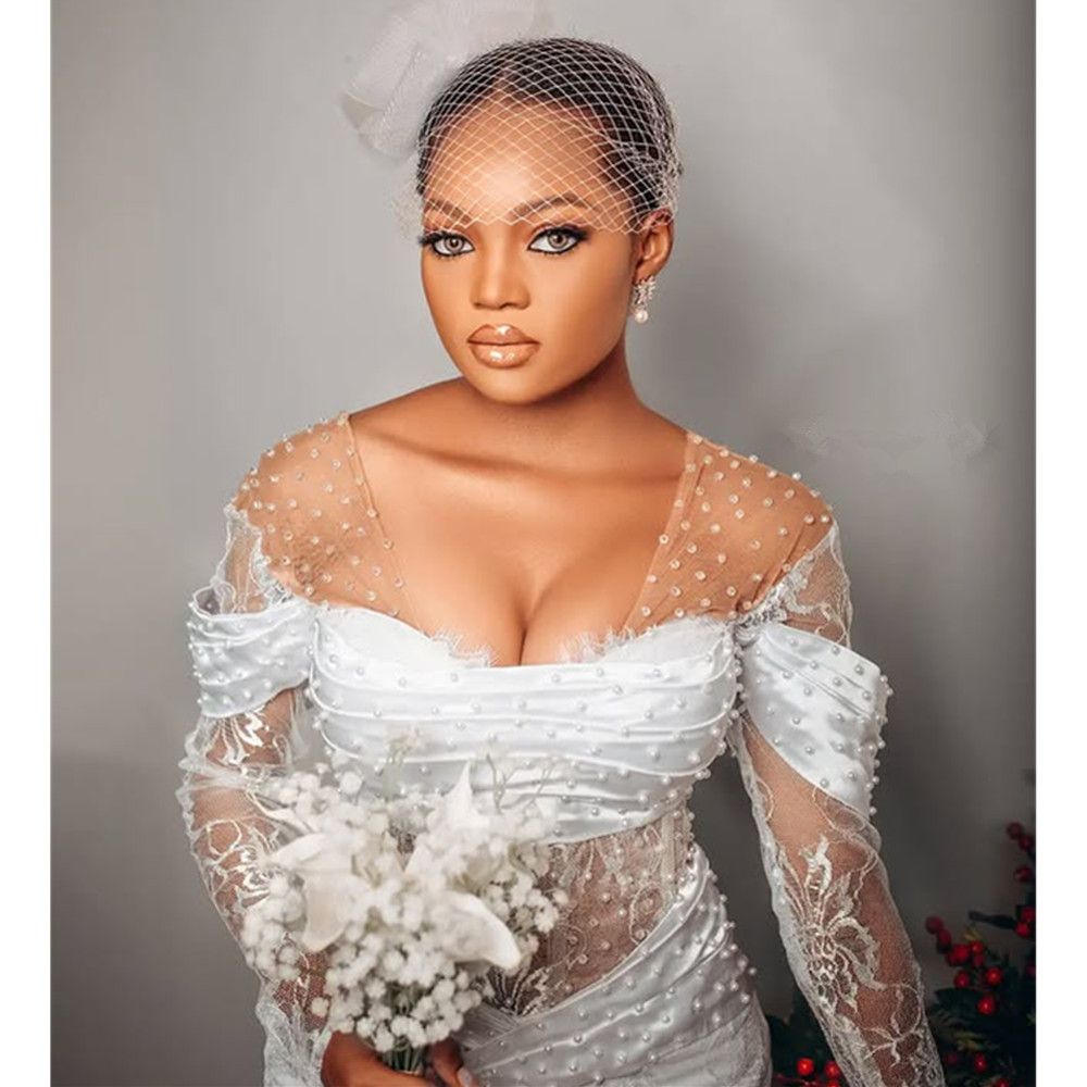 Luxury Arabic Dubai Wedding Dresses Floral Lace Illusion Scoop Neck Long Sleeves Bridal Gowns Sweep Train Vestidos De Novia Formal Pearls Plus Size Cu