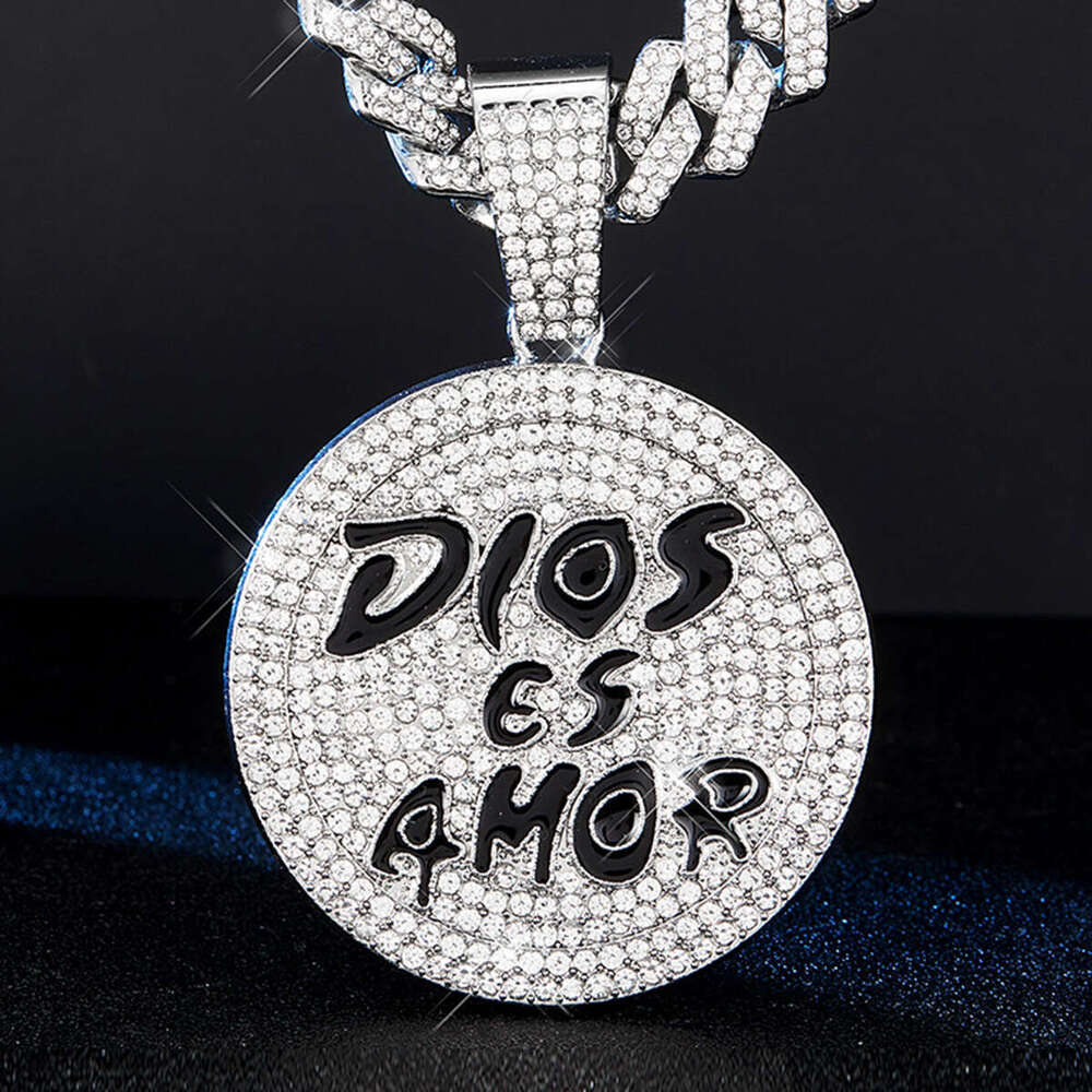 Inlaid Dia Oil Drop Round Pendant Exaggerated Personality Alloy Cuban Chain Fashion Creative English Letter Necklace