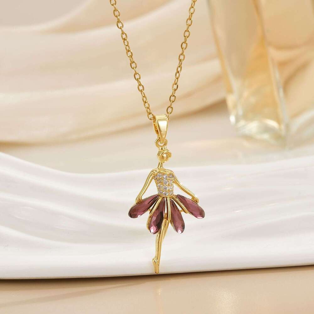 Colorful Crystal Ballet Girl Necklace For Women Versatile High-End Feel Titanium Steel Non-Fading Jewelry 942