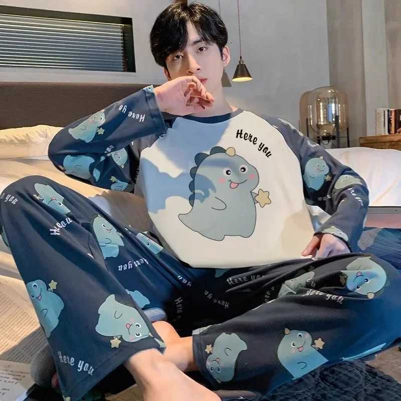 100% Cotton Long-Sleeved Simple Cartoon Dinosaur Pajamas Set for Men Sleepwear Homewear Students Two-Piece Nightwear Loungewear W250717