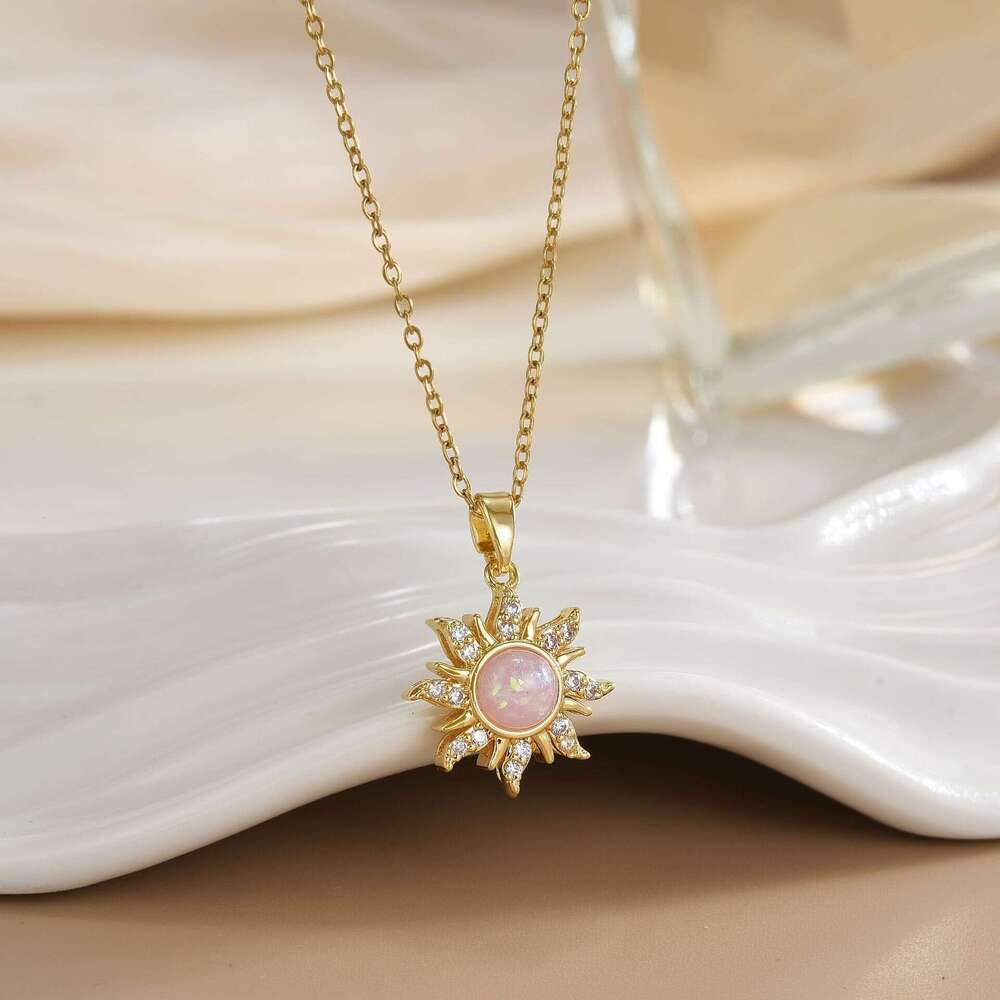Gold-Plated Copper Opal Temperature-Sensitive Sun And Moon Pendant Micro-Paved Zirconia Titanium Steel Necklace 862