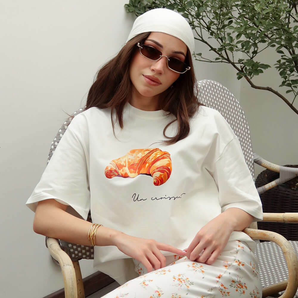 100% Cotton T-Shirt Summer Baguette Print Loose Short Sleeve Tee For Women B5