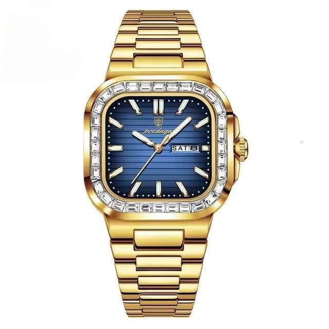 DHgargets Men's Luxury Diamond Watch - 30M Waterproof Square Quartz Wristwatch with Day & Date (Model 975)