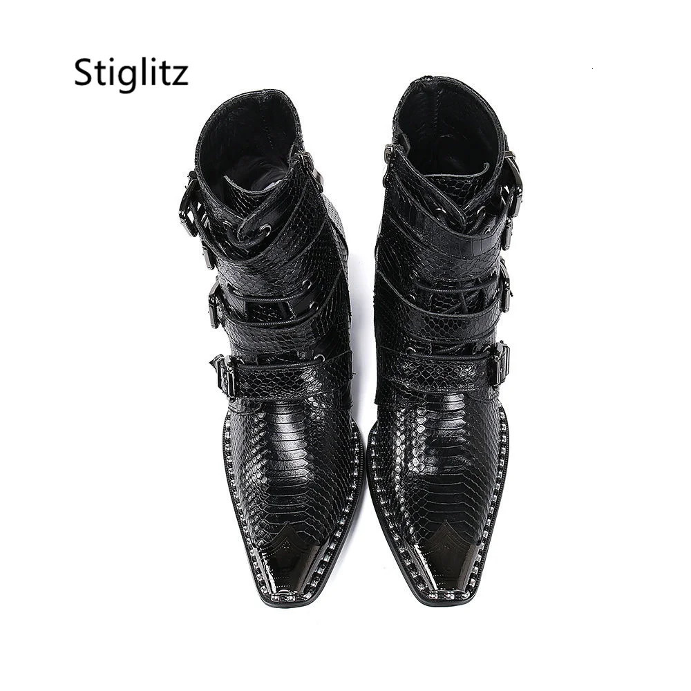 Belt Buckle Mens Ankle Boots Iron Toe Genuine Leather Business Shoes British Style Short High Heels Zip Lace Up Western Boots 250715