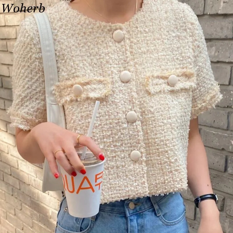 Summer Korean Casual Tweed Jackets Women Short Sleeve Elegant Coats Office Lady Outerwear Crop Top Femme 250729