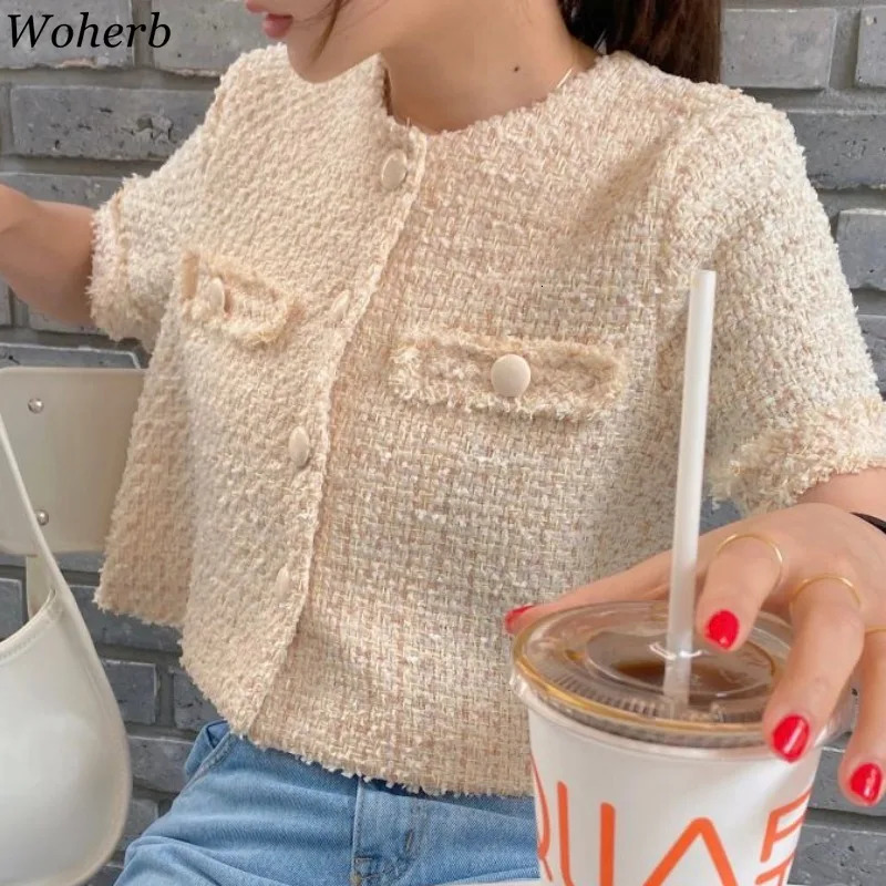 Summer Korean Casual Tweed Jackets Women Short Sleeve Elegant Coats Office Lady Outerwear Crop Top Femme 250729