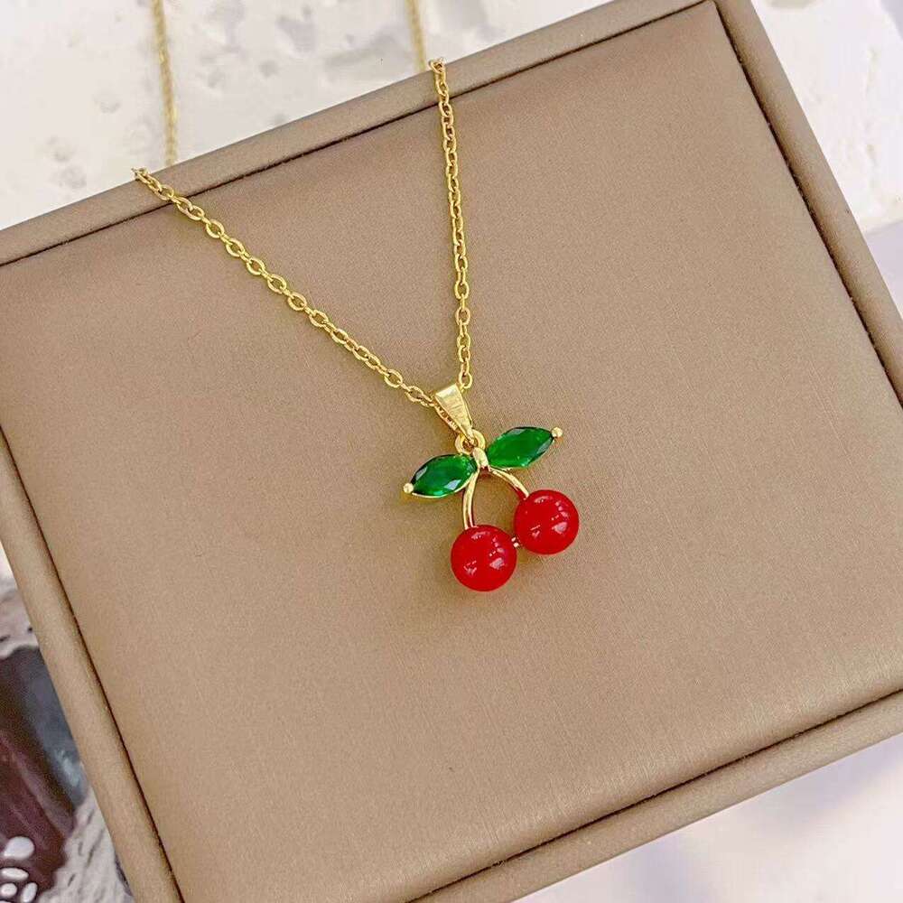 Korean And Japanese Style Trendy Red Cherry Pendant Necklace For Women 2025 Spring Light Niche Collarbone Chain Accessory 906