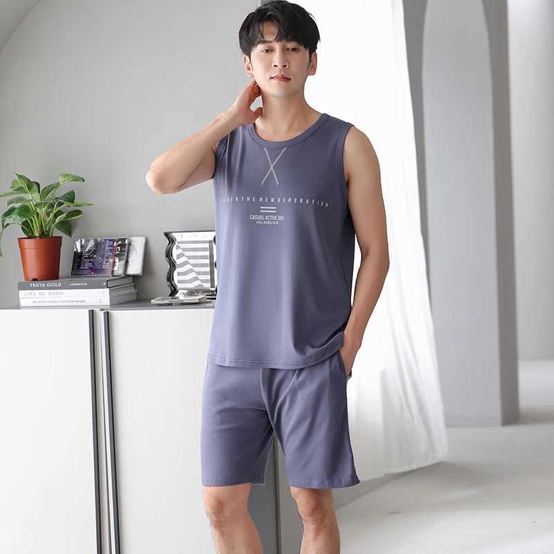New Knitted Cotton Men Pajama Set Summer Sleeveless Sleepwear Big Size M-4XL Leisure Suits Nightwear Men Pajamas W250717