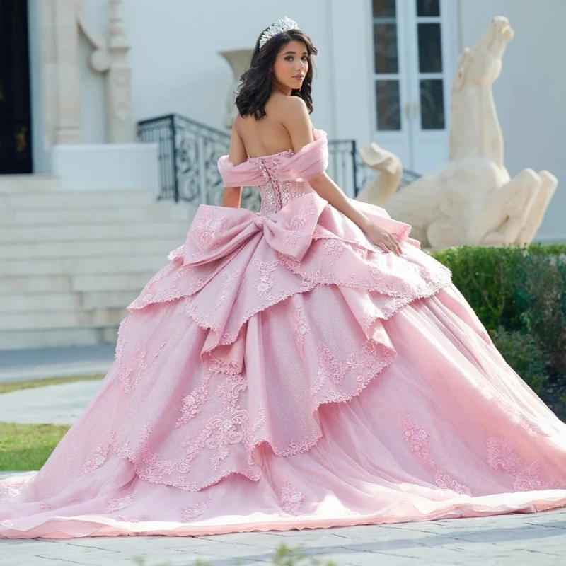 Pink Quinceanera Dresses Ball Gown Off The Shoulder Applique Lace Beading Crystal Bow Tull Sweet 16 Dress Vestidos 15 De Anos