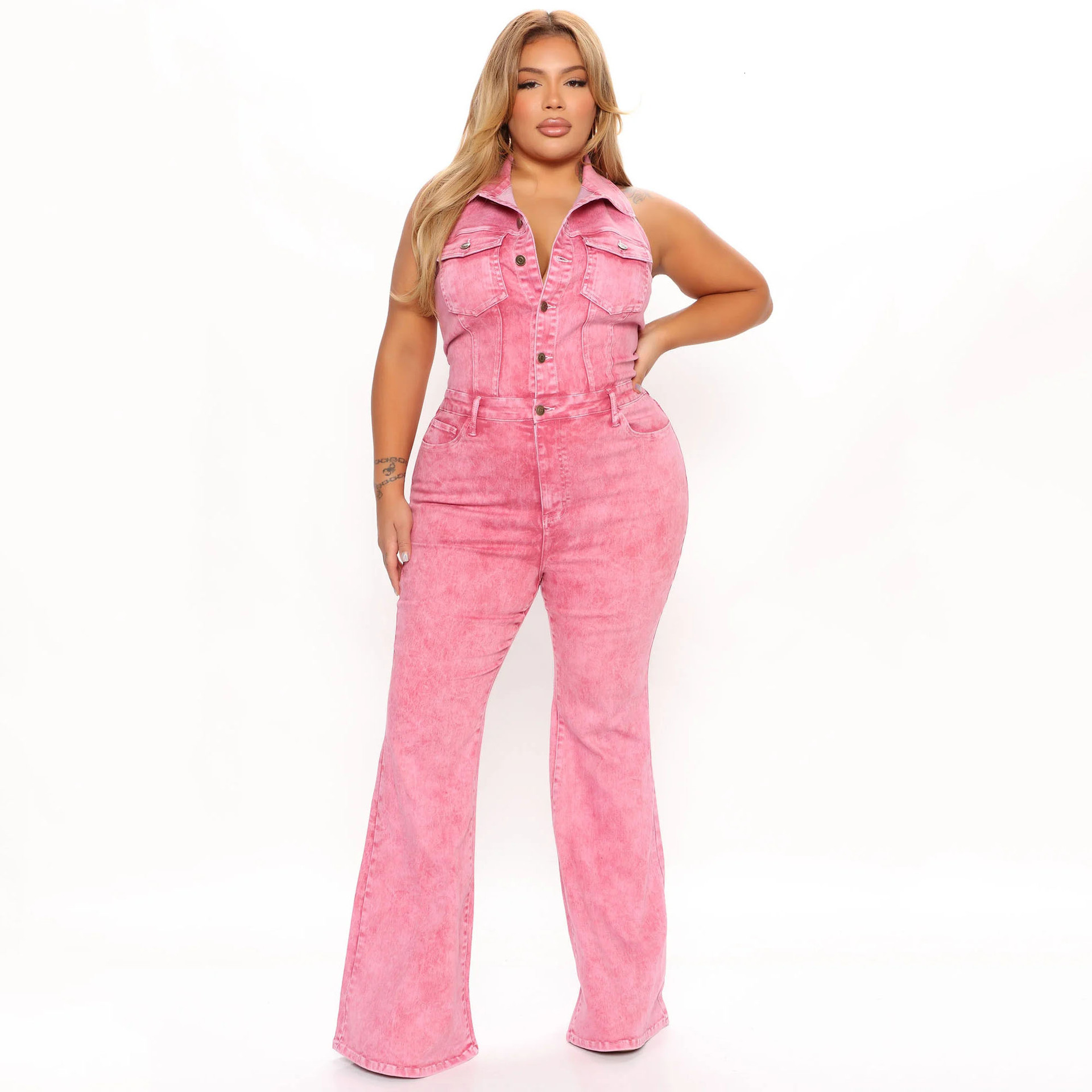 3576 womens denim fashion high elasticity sexy backless lapel pocket workwear pants jumpsuit