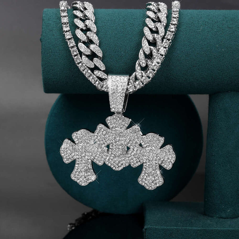 Fashion Jewelry Inlaid Dia Spliced Cross Single Pendant Punk Hip Hop Men's Necklace Straight Hair