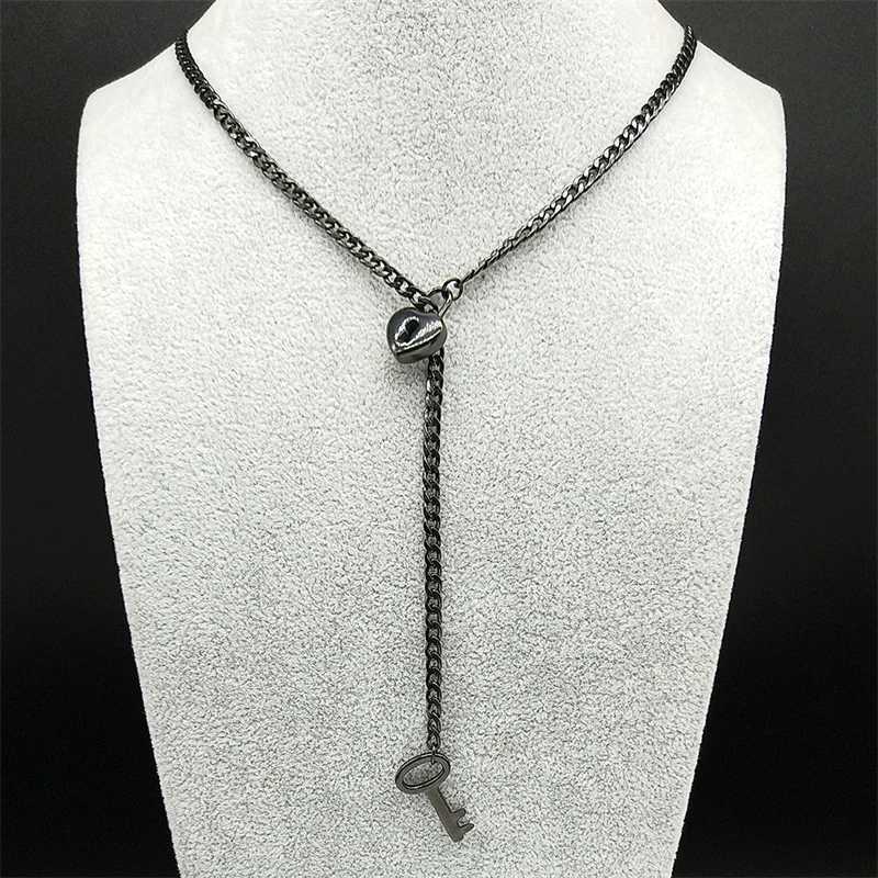 Heart O-ring Long Chain For Women Men Punk Rock Necklace Stainless Steel Key Lock Necklaces Adjustable Y-necklace Jewelry Gift XJ250717