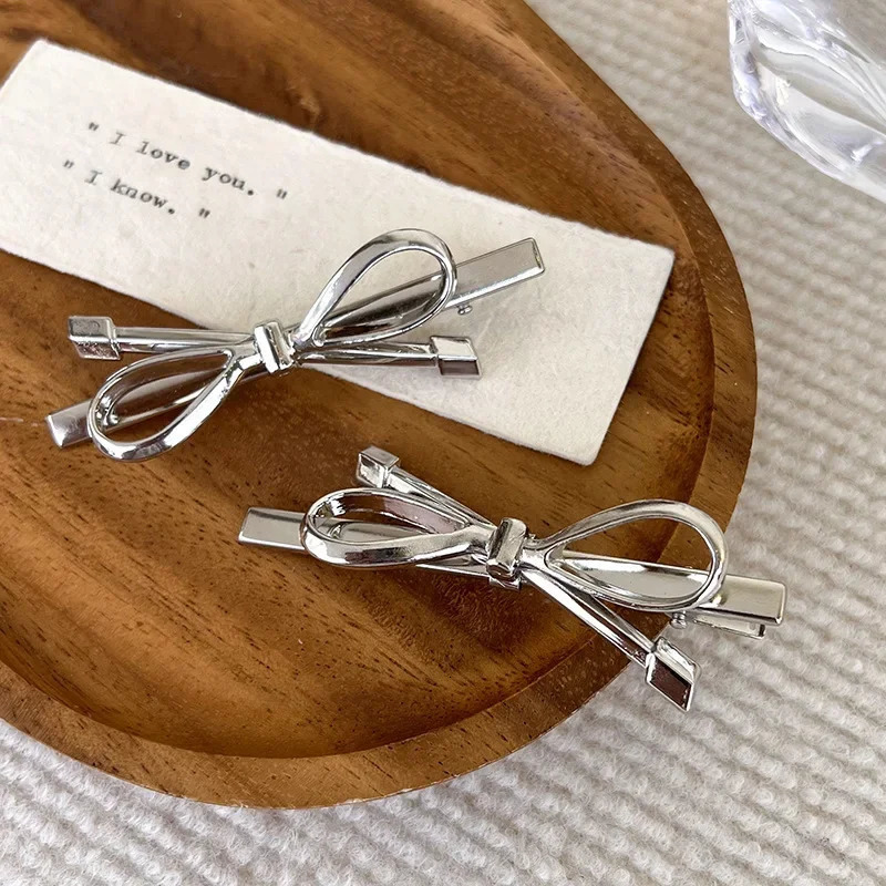 Sweet Metal Bow Barrettes Female Hairpin Back Head Low Ponytail Side Duckbilled Clip Hair Accessory Silver Color Styles 250716