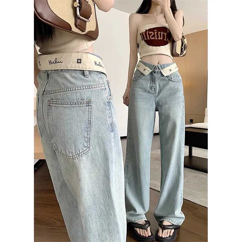Retro Flip The Edge Waist Letter Wide-leg Jeans. Four Seasons New Fashion Loose Straight-leg Casual Floor-length Jeans for Women R250716