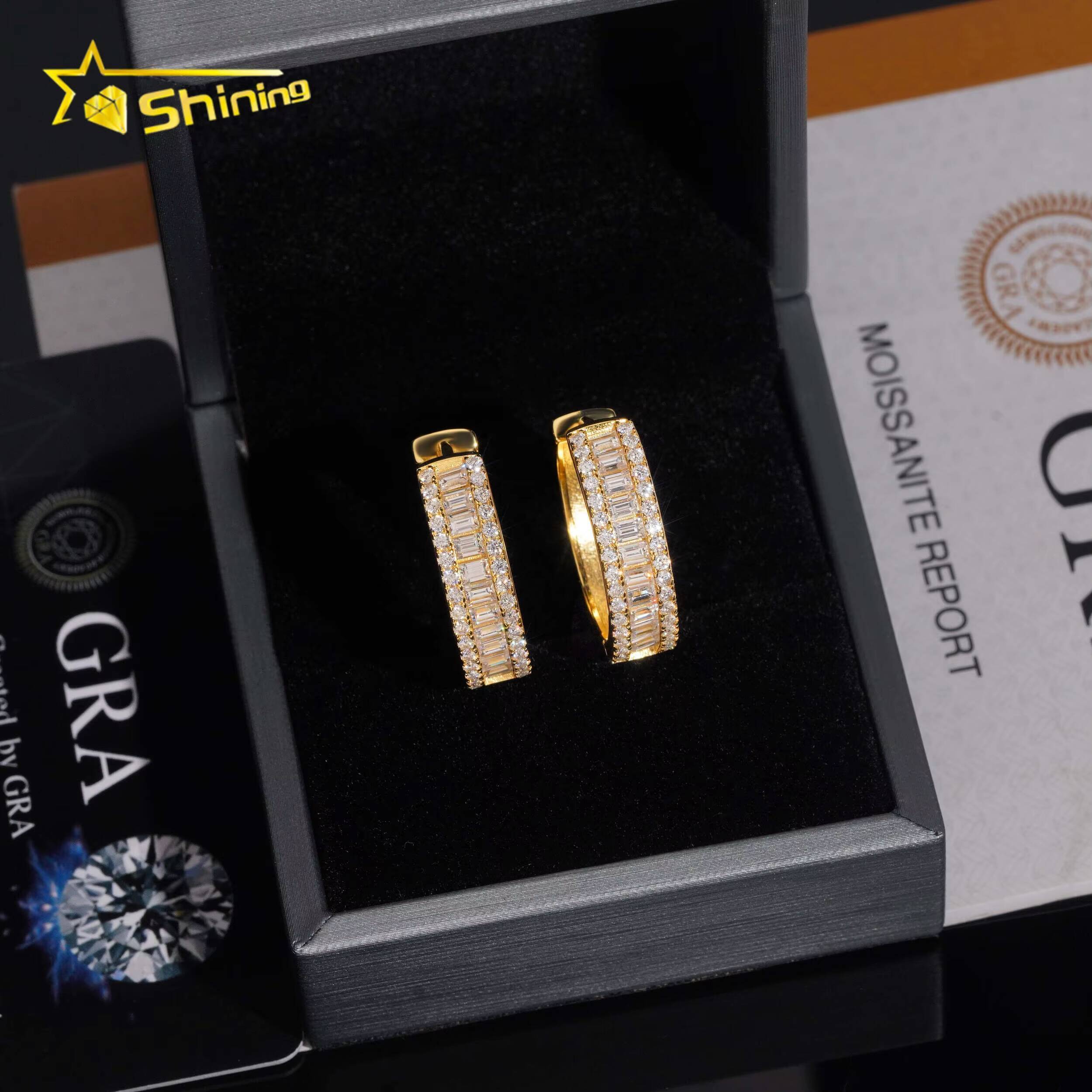 Fine Jewelry 925 Silver Hip Hop Gold Plated Iced Out Baguette Moissanite Diamond Hoop Earrings
