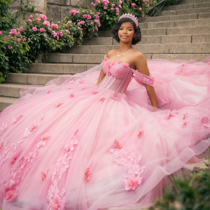 Pink Quinceanera Dresses Ball Gown Off The Shoulder Applique Flower Beads Bow Tull Corset Party Birthday Sweet 16 Dress Vestidos De 15 Anos