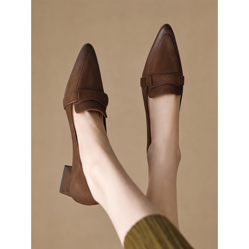 Cowhide Handmade Women's 2023 New Genuine Leather Loafers Pointed Toe French Style Mid Chunky Heel Single Shoes for Women Summer ddmysaturn