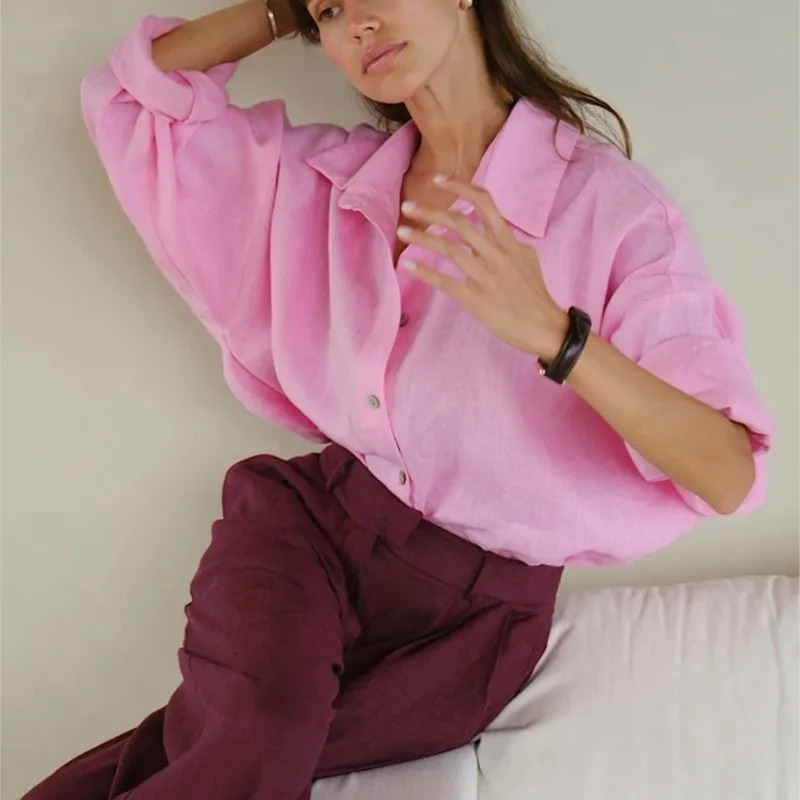 D.Nale K White Womens Linen Shirts Elegant Long Sleeve Loose-Fitting Woman Blouse Vintage Basic Top Collar Shirt for Women 250715