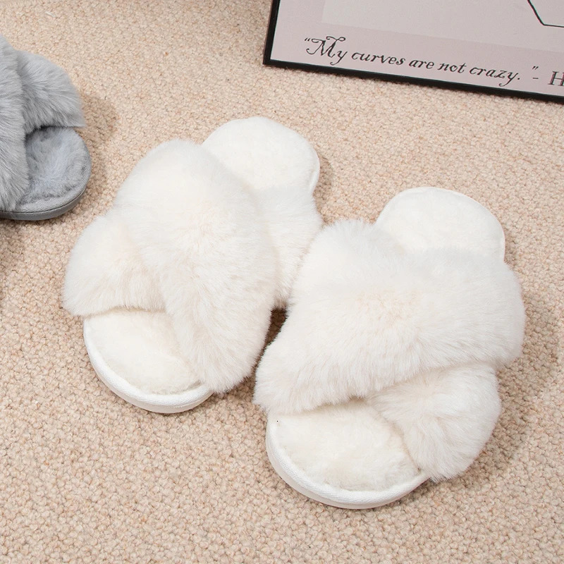 Feslishoet Women Fuzzy Slippers Cross Band Soft Plush Cozy House Shoes Furry Open Toe Indoor Outdoor Slip Warm Anti Skid Sole 250716