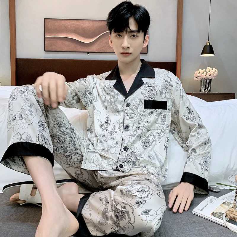 High Quality Satin Printed Pajamas Set Mens Nightwear Ice Silk Long Sleeve Loose Thin Teen Home Clothing Wear Suit Male Pajamas W250717